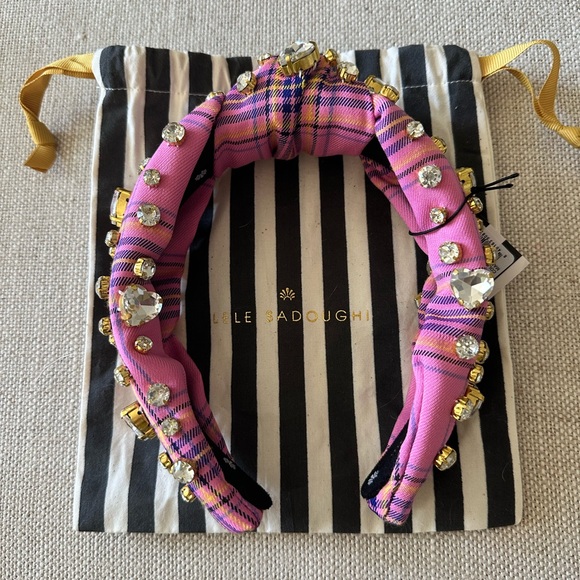 Lele Sadoughi Heart Mixed Crystal Knotted Headband in Pink Plaid
